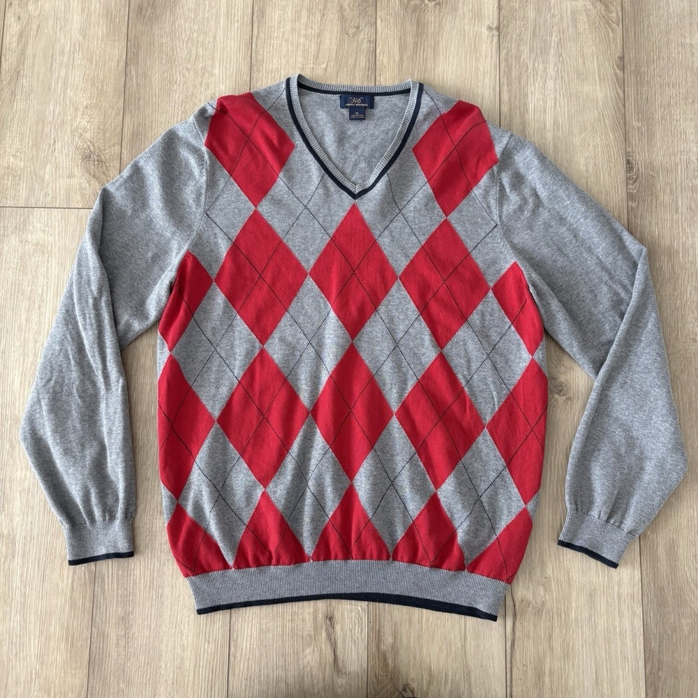 Brooks Brothers Supima Cotton Sweater Mens XL Red Gray Plaid‎ Knit Pullover Soft